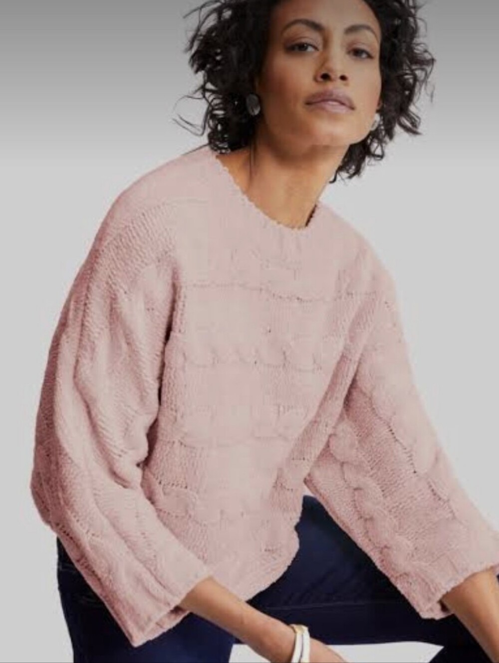 Marla Wynne/Wynne Lounge Cable Knit Drop-Shoulder Crop Sweater